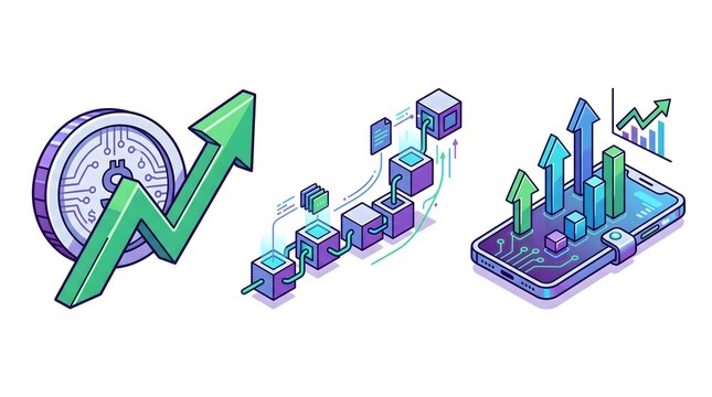 Colorful isometric vector illustrations of cryptocurrency growth and blockchain technology