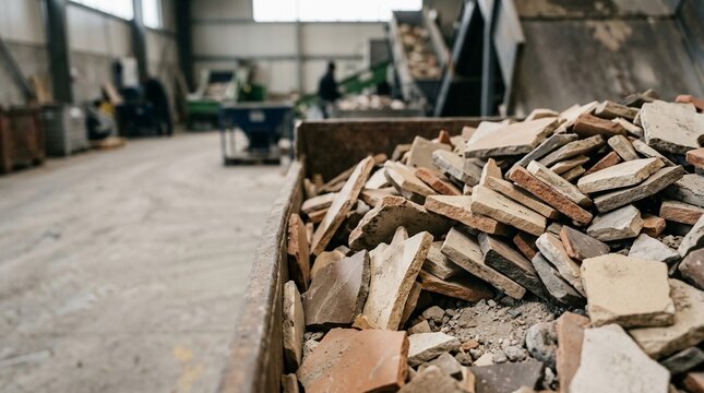 Broken ceramic fragments piled in an industrial recycling facility, representing waste management and material repurposing.
