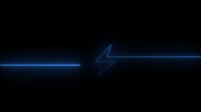 Glowing blue neon lightning bolt symbol forming a horizontal line on a black background representing electric energy, power, and speed.