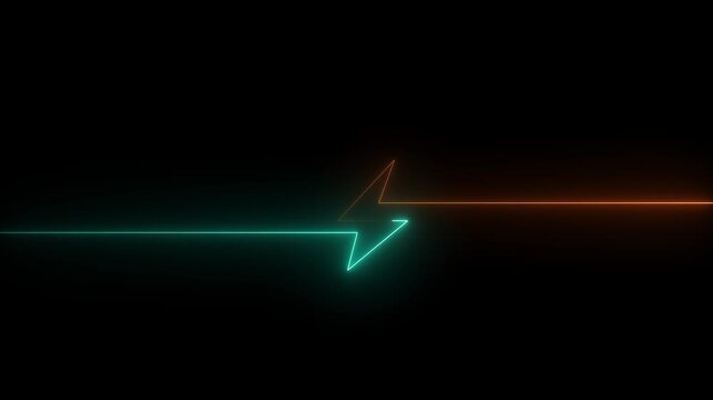 Glowing orange neon lightning bolt symbol with cyan horizontal lines on a black background representing electric power, energy, and speed.