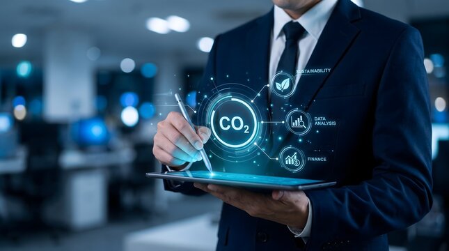 Innovative business professional utilizing advanced technology to analyze carbon dioxide emissions and drive sustainable environmental solutions for a greener future