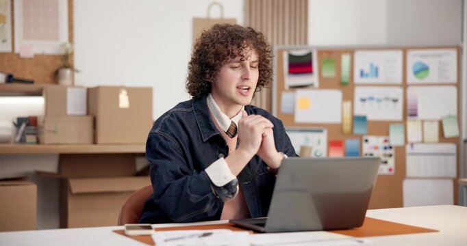 Logistics, video call and man with laptop in small business, greeting or delivery update on website. Supply chain, entrepreneur and happy person with tech, virtual meeting and distribution schedule