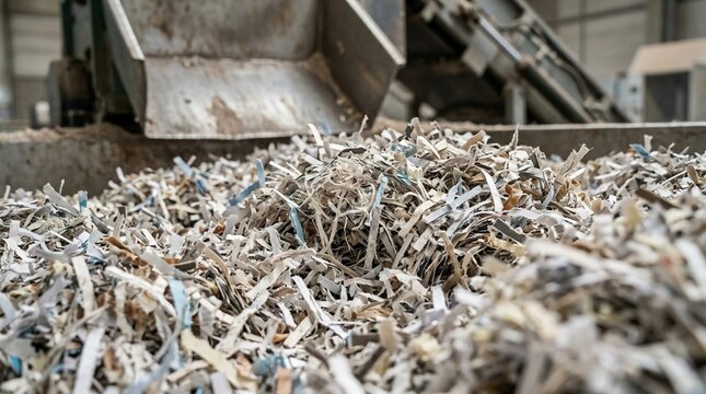 Close-up macro view of shredded paper material in a recycling facility