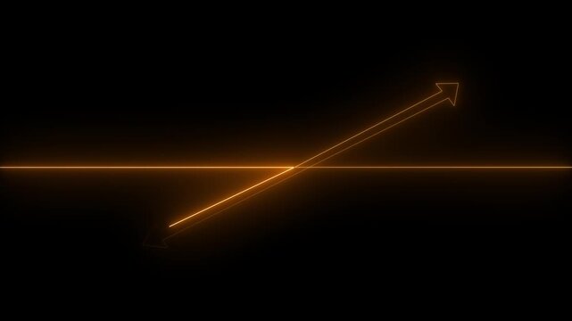 Glowing orange double sided arrow crossing an orange horizontal line on a black background representing direction, strategic choices, and intersection.