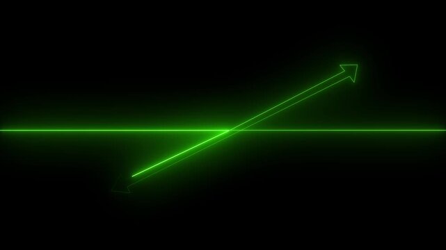 Glowing green double sided arrow crossing a green horizontal line on a black background representing direction, strategic choices, and intersection.