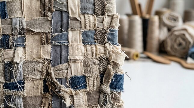 Close-up view of a rustic woven textile artwork made from recycled fabric strips