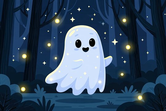 A cute smiling ghost floating in a dark forest illuminated by magical glowing fireflies at night