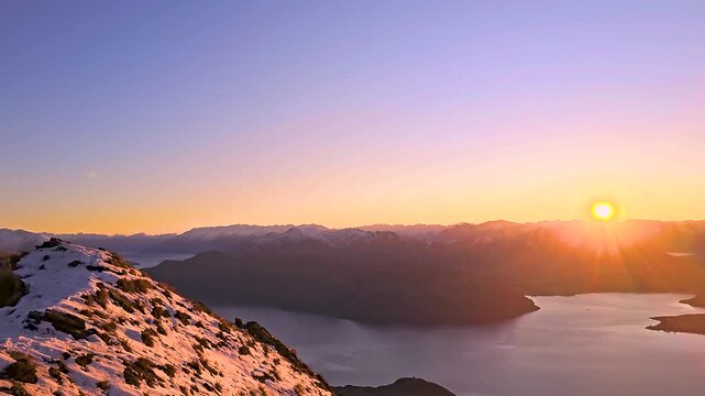 sunrise over the mountains at Roys Peak, Wanaka, New Zealand 