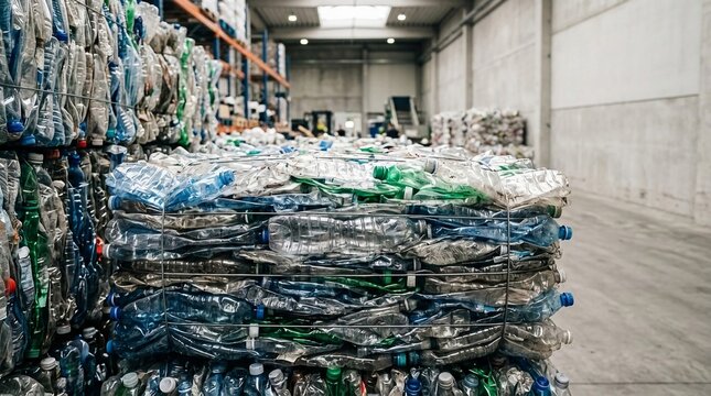 Compressed plastic bottles awaiting recycling in a large industrial warehouse facility