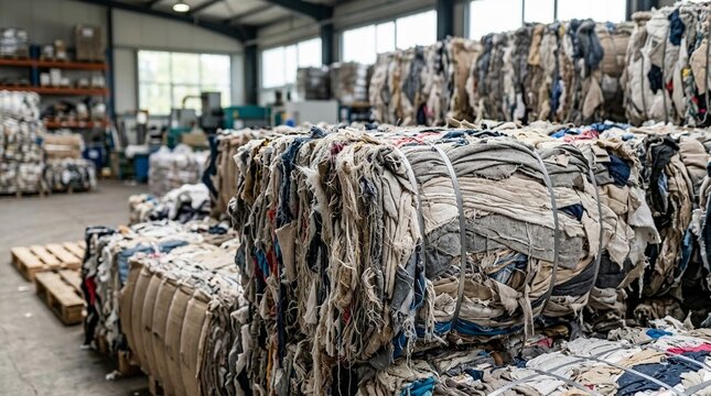 Compressed textile waste bales stacked inside an industrial recycling factory, ready for processing and repurposing.