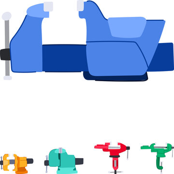 Collection of different types of vices, including bench vises and clamp vises, creating a comprehensive assembly of workshop and industrial fastening equipment