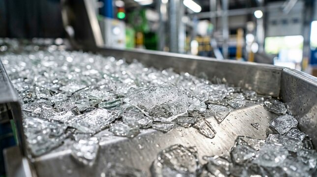 Crushed aluminum scrap on a factory conveyor belt, a key stage in industrial recycling and manufacturing processes.