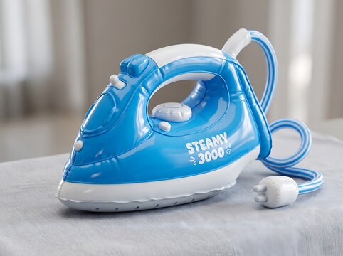 inflatable toy iron on ironing board, child pretend play and household chores learning concept