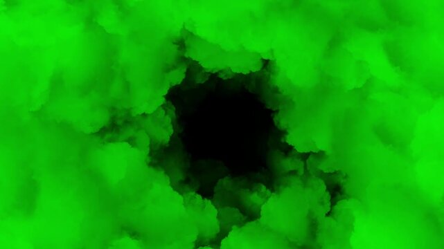 Aerial flight loop through a vibrant green toxic smoke tunnel motion video with alpha channel for video overlay and composite background design.