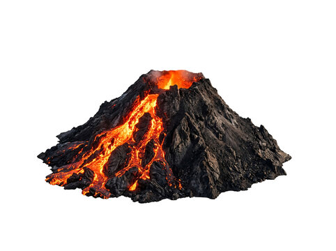 Erupting volcano mountain with glowing molten lava streams flowing down rugged rocky slopes isolated element.