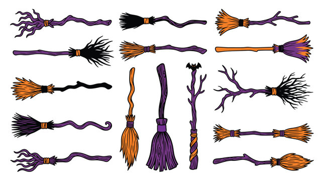 Halloween witch broomsticks set with magical rustic twigs and purple