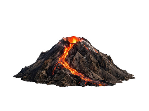 Active volcano erupting with bright red molten lava streams flowing down steep rocky mountain slopes isolated element.