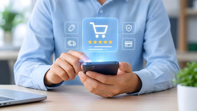 Modern digital commerce and online shopping experience with a person using a smartphone for purchasing goods and services conveniently