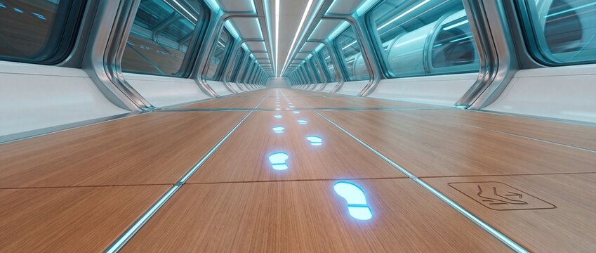 Illuminated blue footprints on futuristic wooden walkway inside glowing tunnel representing journey and progress.