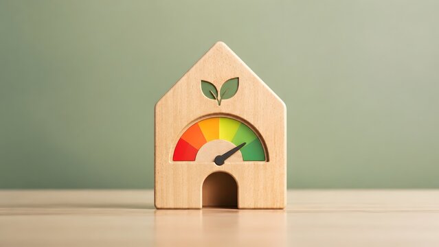 Wooden house model with energy rating meter and green leaf symbol for eco efficiency