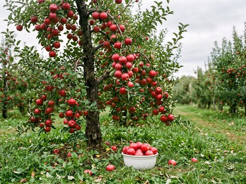 Abundant ripe red apples hanging on tree branches with a bowl of freshly harvested fruit