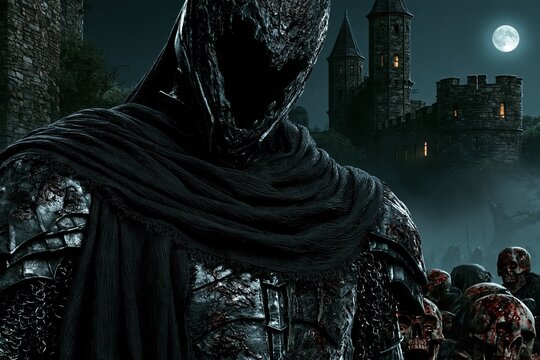 A dark knight in corroded armor stands before a medieval castle under a bright full moon night