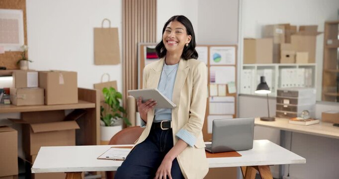Face, happy woman and tablet in small business for logistics invoice, fleet tracking or about us. Laugh, person and tech in supply chain for shipment status, digital receipt and bill of lading review