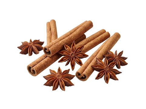 Cinnamon sticks and star anise spices arranged together, culinary aromatic seasoning ingredients for baking, cooking, mulled wine, hot beverages.