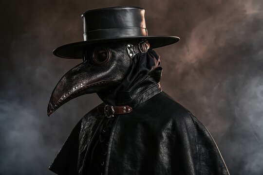 Mysterious plague doctor character wearing a traditional leather mask and hat in dark fog