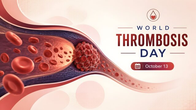 World Thrombosis Day light background banner with blood clot inside blood vessel