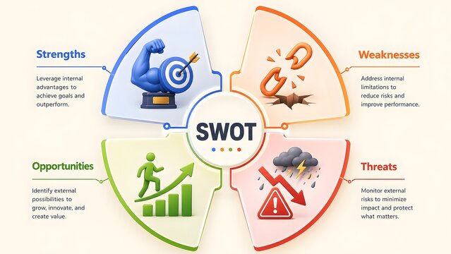 SWOT analysis diagram with 3D icons for strengths weaknesses opportunities and threats