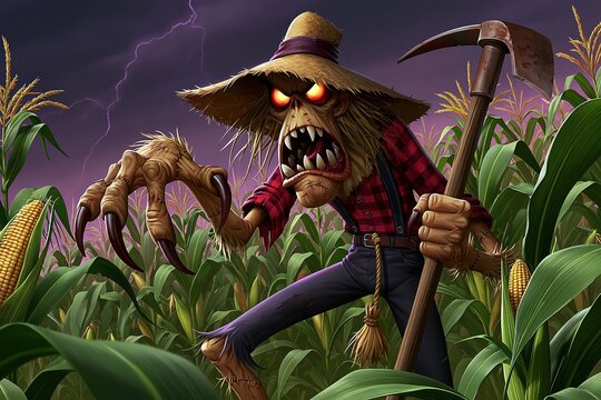 A menacing mutated scarecrow character with glowing eyes standing in a dark stormy cornfield
