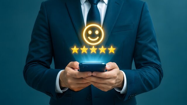 Exceptional customer satisfaction a business professional showcasing a glowing five star review on a smartphone representing positive feedback and brand loyalty