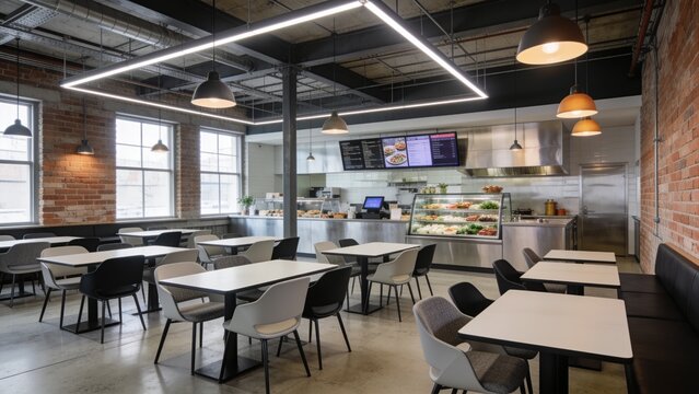Spacious factory cafeteria interior featuring organized seating, modern furnishings, and a clean dining environment within an industrial facility.