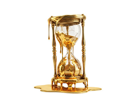 Surreal melting ornate golden hourglass dripping liquid gold, conceptual illustration symbolizing lost time and passing moments.