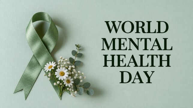 Green satin ribbon with daisies and eucalyptus for an elegant World Mental Health Day campaign