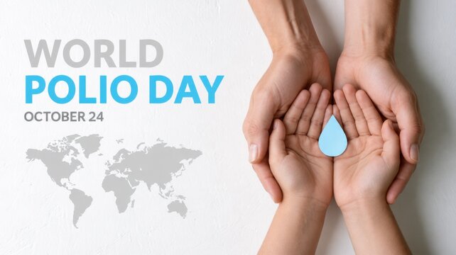 Adult and child hands protecting a blue drop for World Polio Day vaccination awareness on October 24
