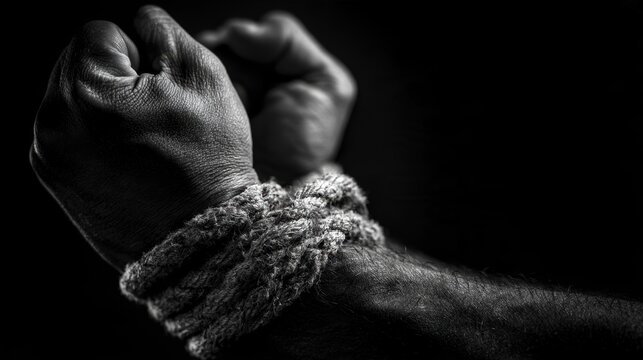 Bound male hands in dramatic monochrome representing kidnapping, captivity and loss of freedom