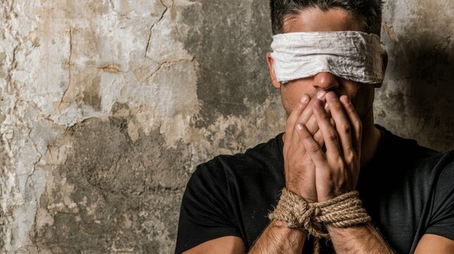 Blindfolded man with bound hands representing kidnapping, captivity and hostage crime