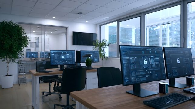 Modern office workspace with multiple computer monitors displaying security interface designs and lock icons