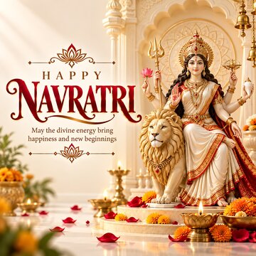 Goddess durga sitting with lion for hindu festival happy navratri celebration greeting