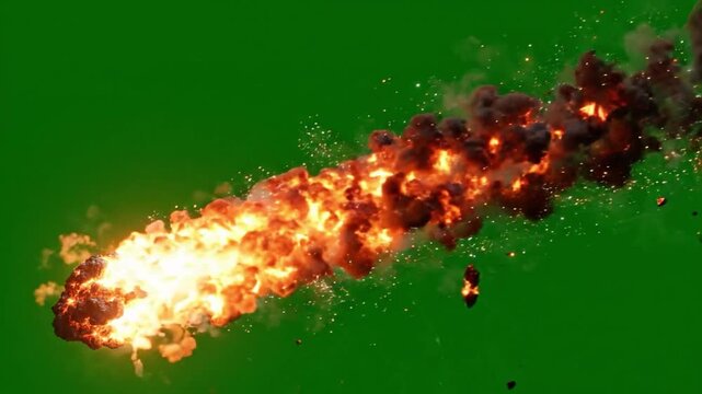 Fiery Meteor Falling Downward With Trail Burning Flame Smoke Sparks Effect On Green Screen