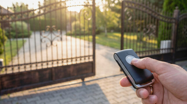 Remote control device opening automatic entrance gates outdoors