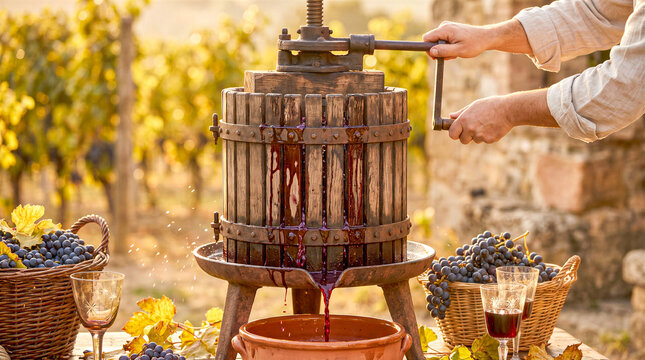 Manual fruit press extracting fresh grape juice for winemaking process