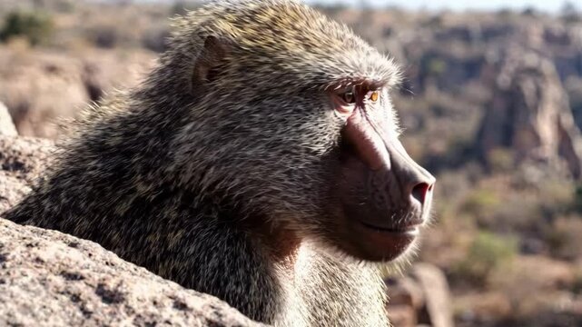 Close-up Portrait of a Baboon's Face in a Rocky, Arid Landscape