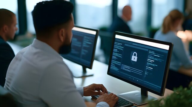 A man works at a desk with two computer monitors displaying security software with a lock icon  in a modern office setting
