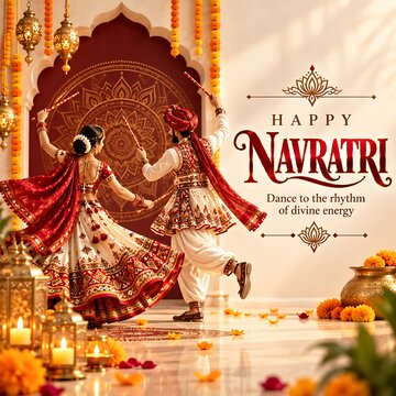 Couple performing traditional garba dance for happy navratri festival celebration