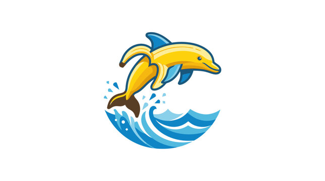 Creative banana dolphin hybrid mascot jumping out of water waves