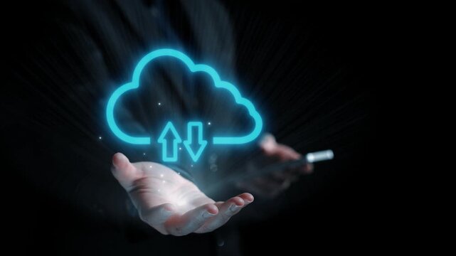 A hand holding a luminous cloud symbol surrounded by multiple digital icons representing data transfer, security, and advanced technology features in a modern space. Qubit