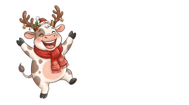 Funny Christmas cow wearing festive antlers and a red scarf, extremely excited expression, wide smile and raised front legs, humorous cute cartoon character, pure white 